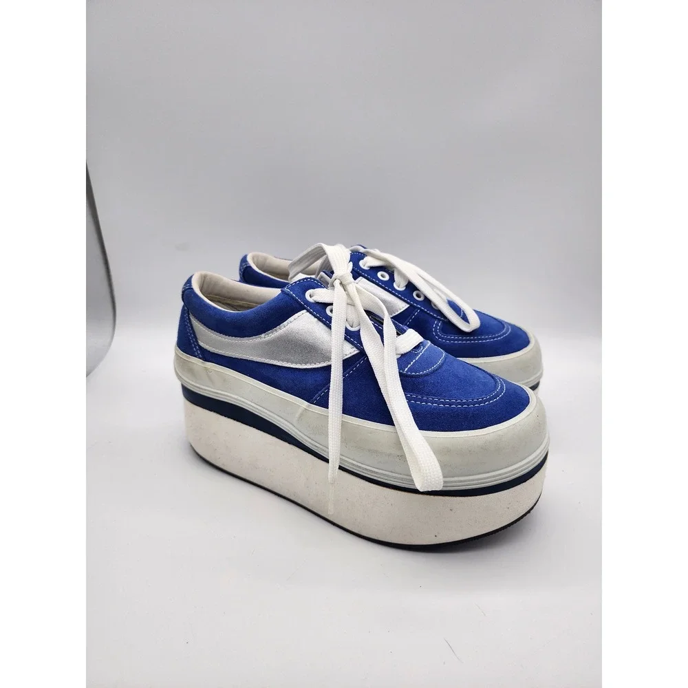 Blue Suede Platform Sneakers Metallic Silver Stripe Chunky Y2K SKWBS-U Size 9